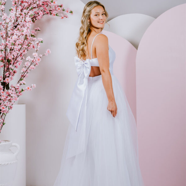 bow on the back debutante gown