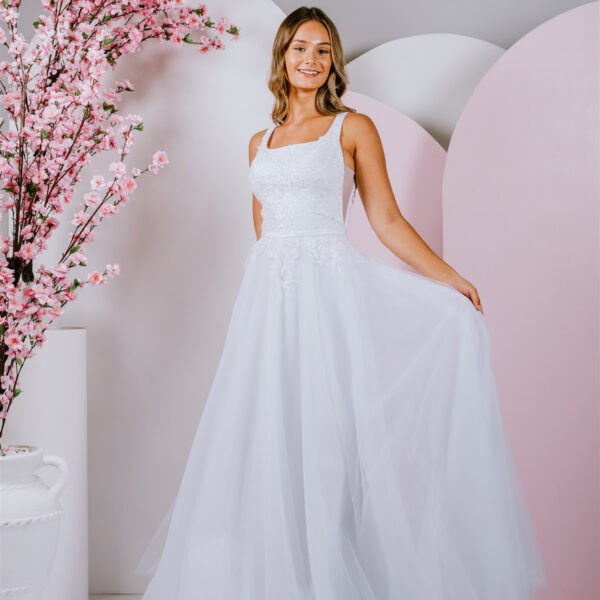 modern straight neckline deb gown